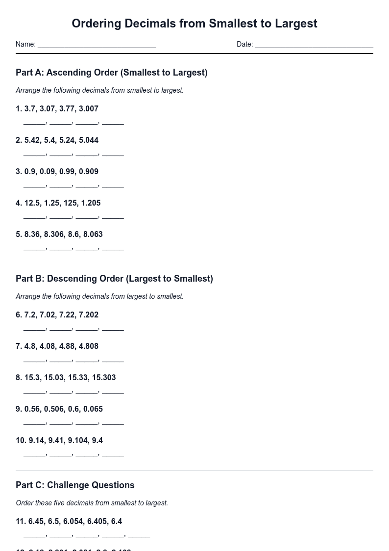 Ordering Decimals from Smallest to Largest
