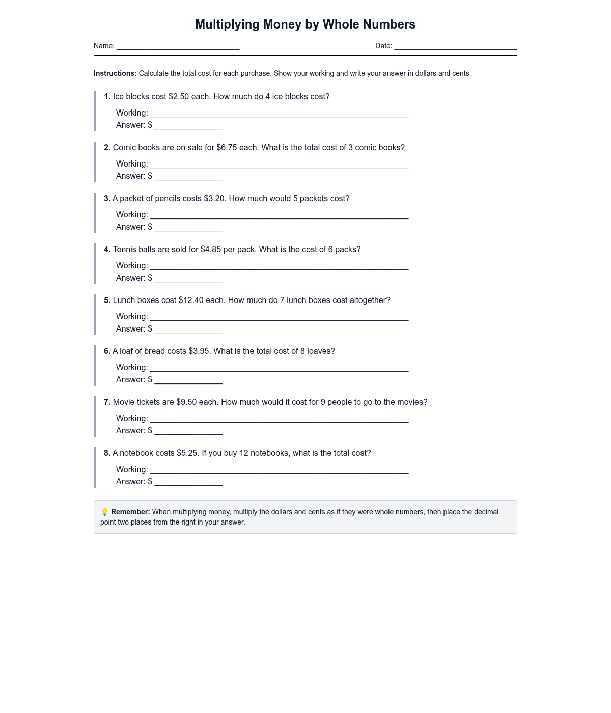 Multiplying Money by Whole Numbers