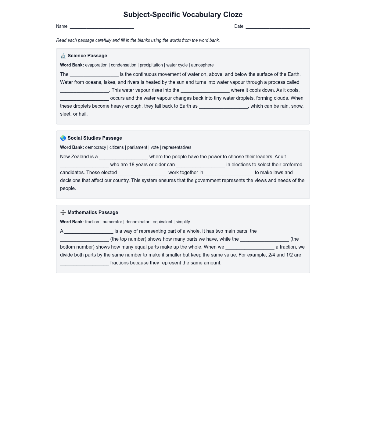 Subject-Specific Vocabulary Cloze