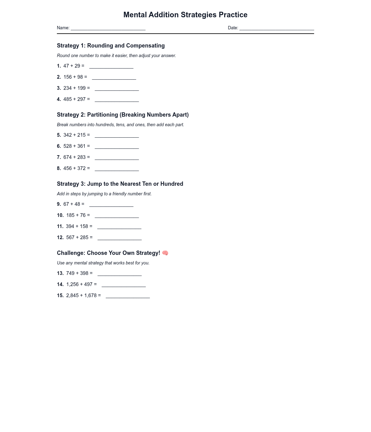 Mental Addition Strategies Practice