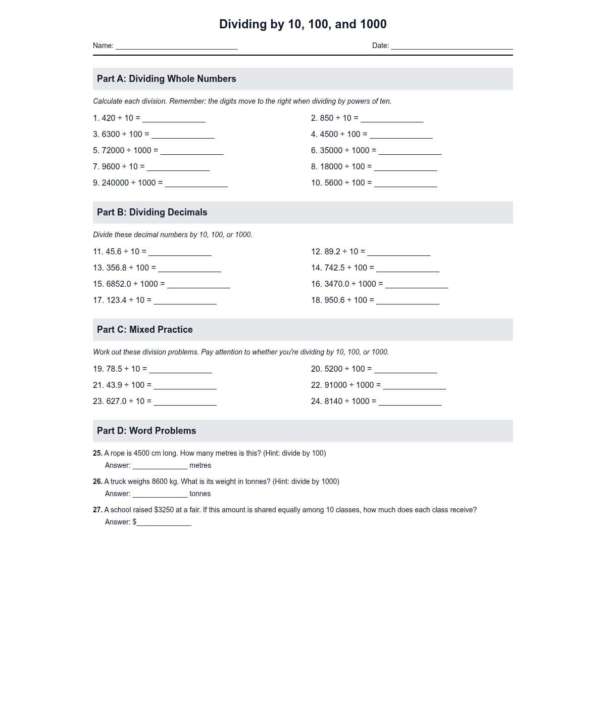 Dividing by 10, 100, and 1000