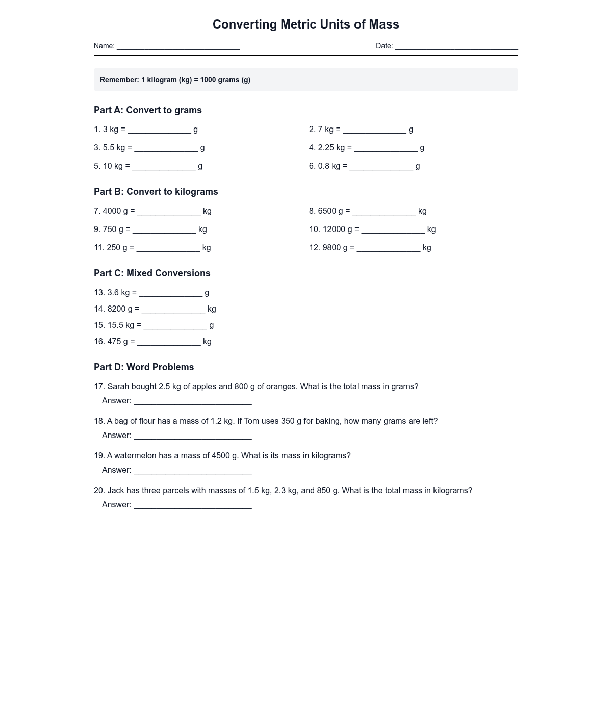 Converting Metric Units of Mass