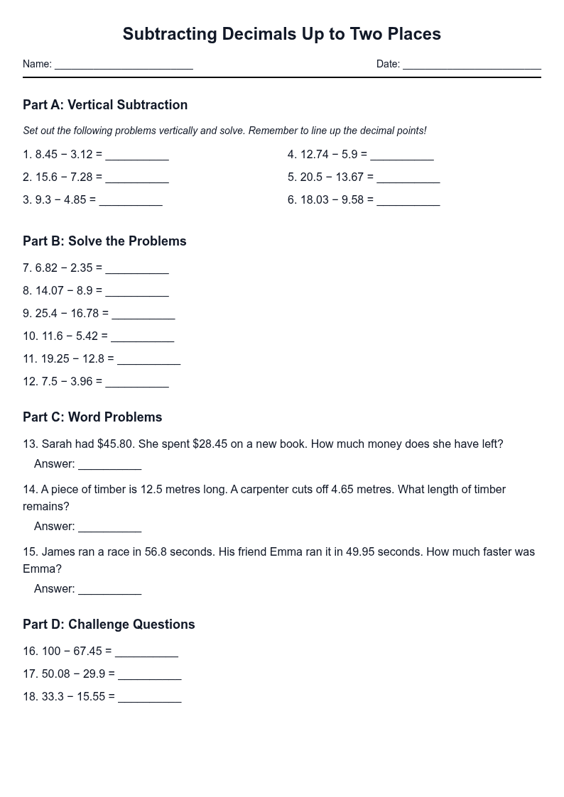 Subtracting Decimals Up to Two Places