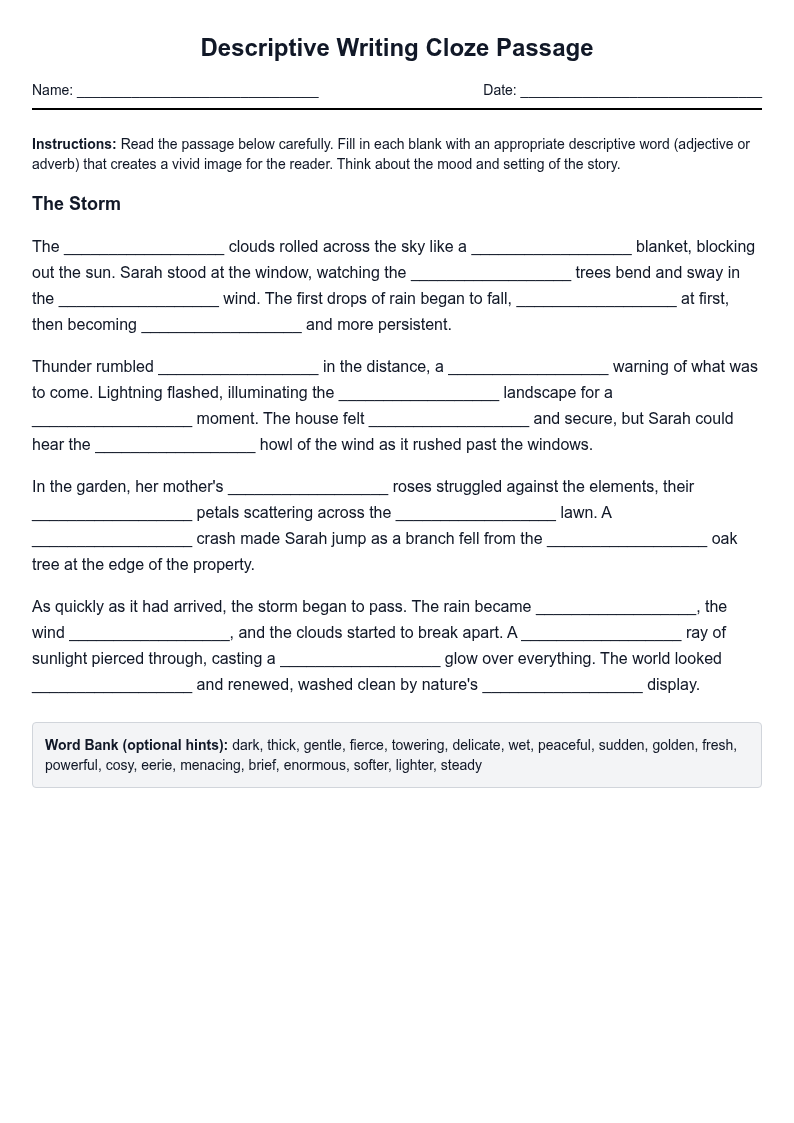 Descriptive Writing Cloze Passage