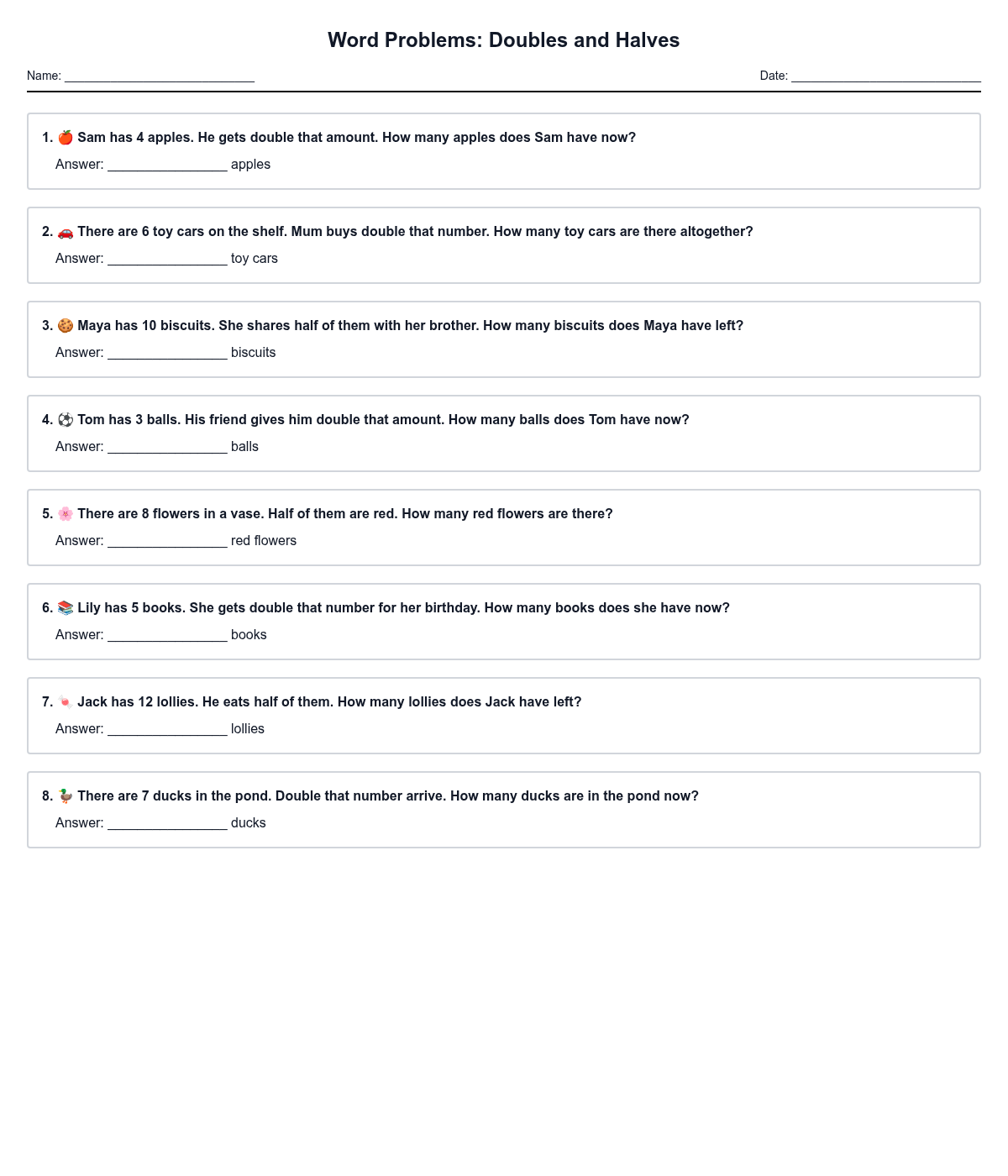 Word Problems: Doubles and Halves