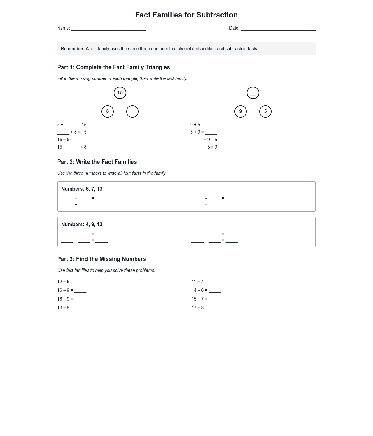Fact Families for Subtraction