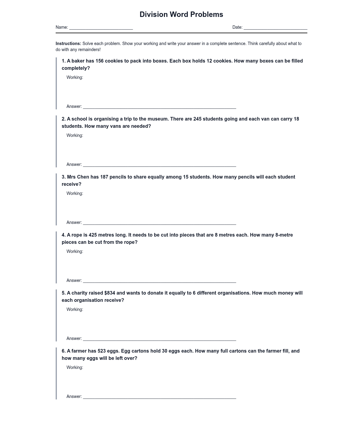 Division Word Problems with Remainders