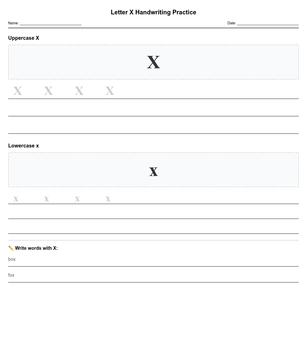 Letter X Handwriting Practice