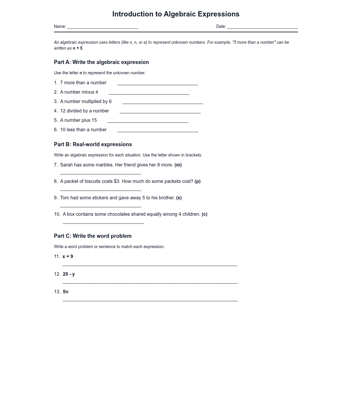 Introduction to Algebraic Expressions