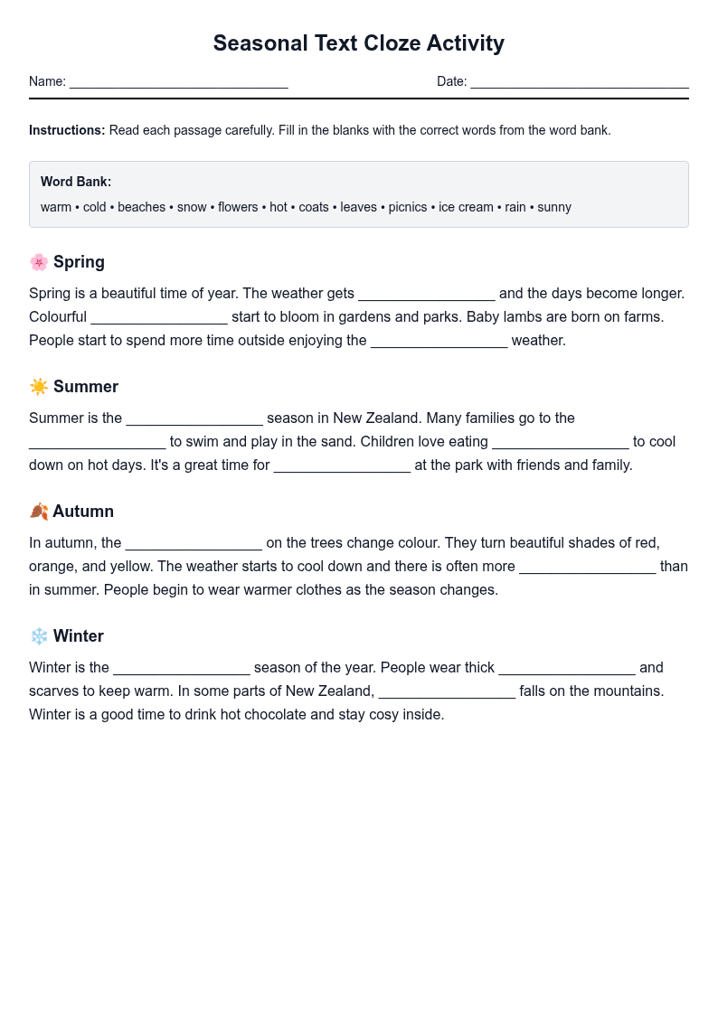 Seasonal Text Cloze Activity
