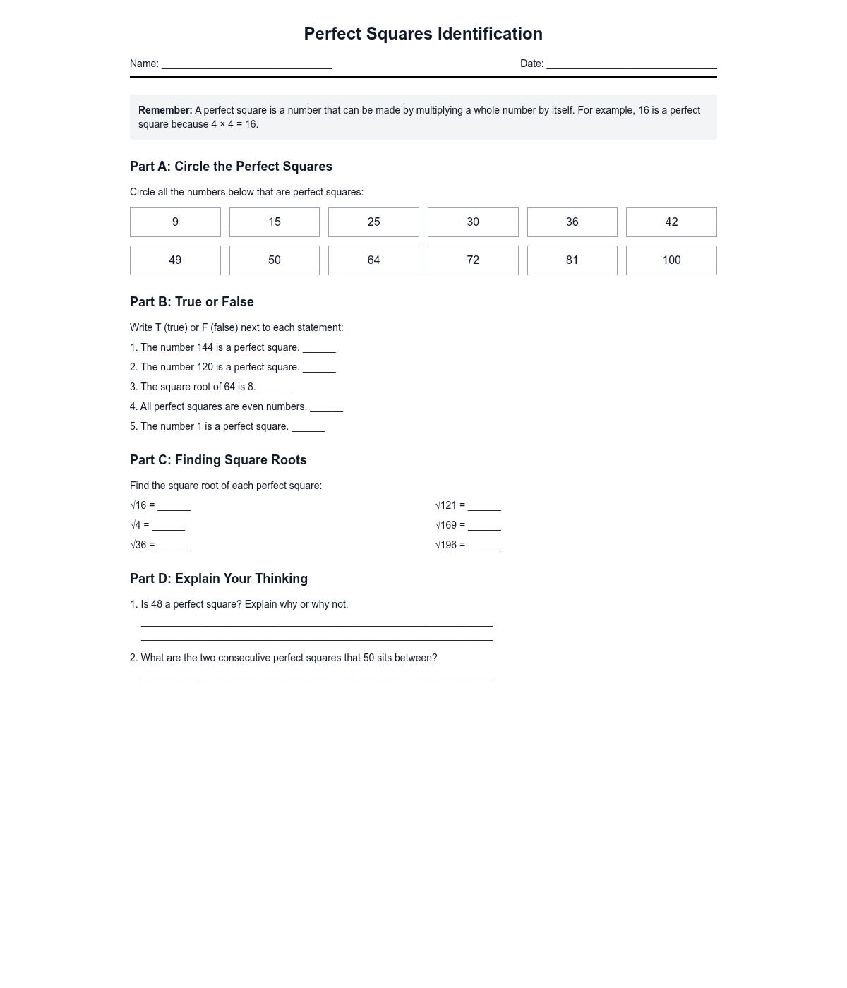 Perfect Squares Identification