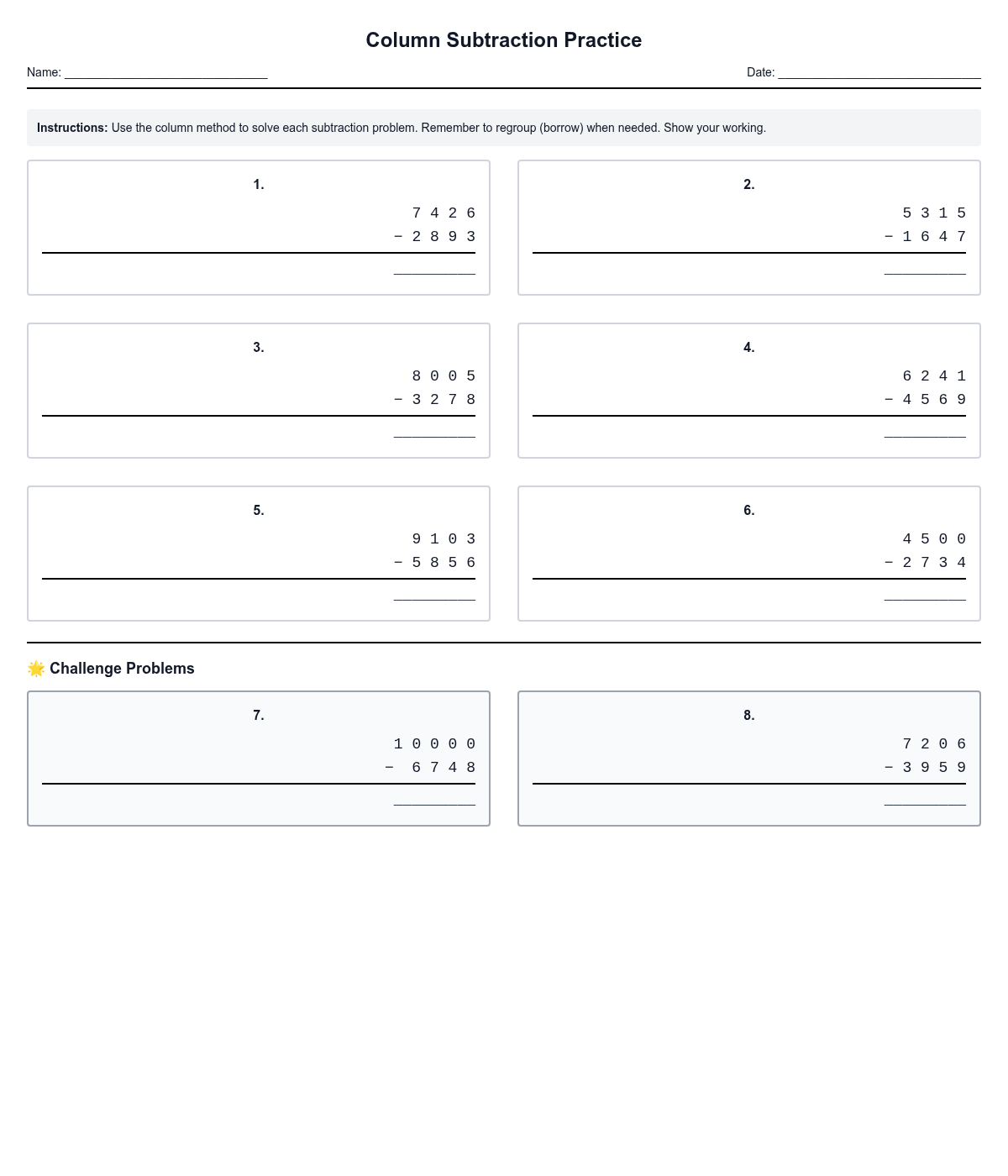 Column Subtraction Practice