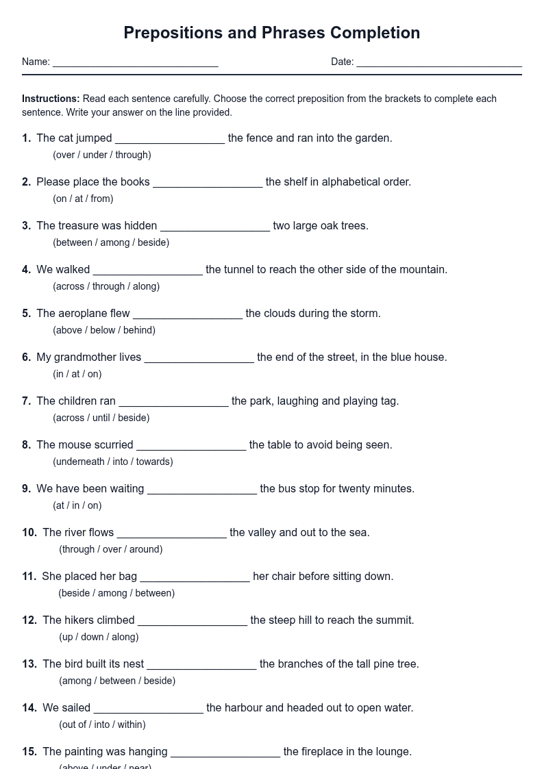 Prepositions and Phrases Completion