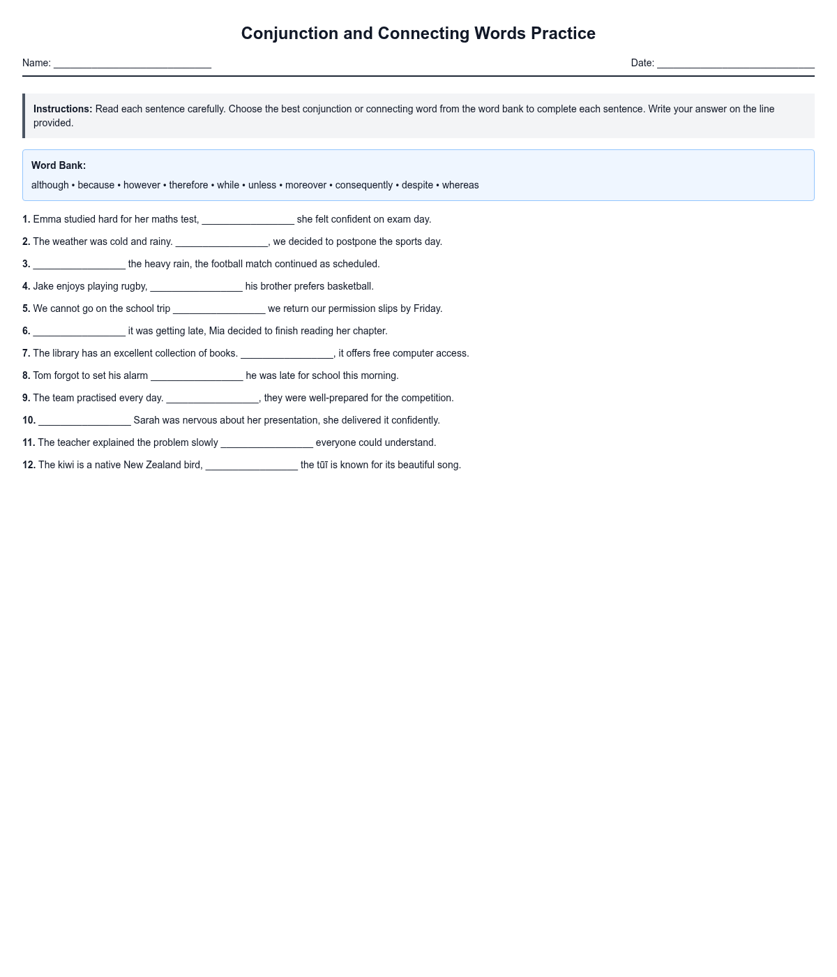 Conjunction and Connecting Words Practice