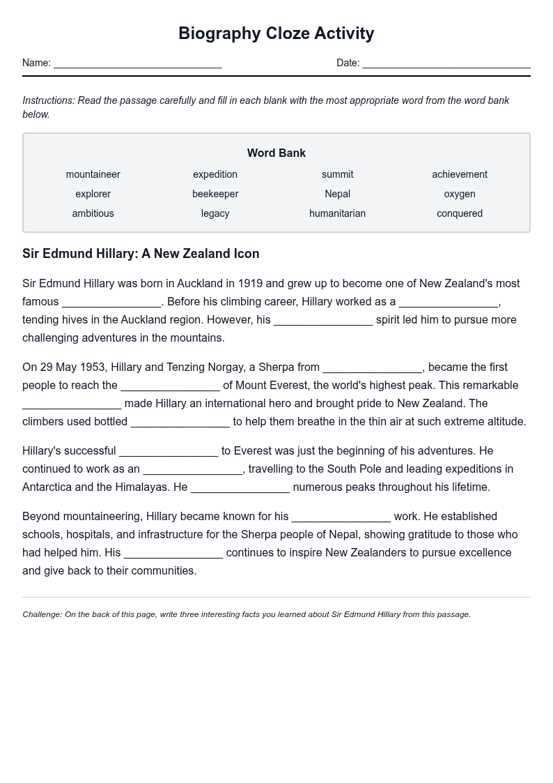 Biography Cloze Activity - Famous New Zealander