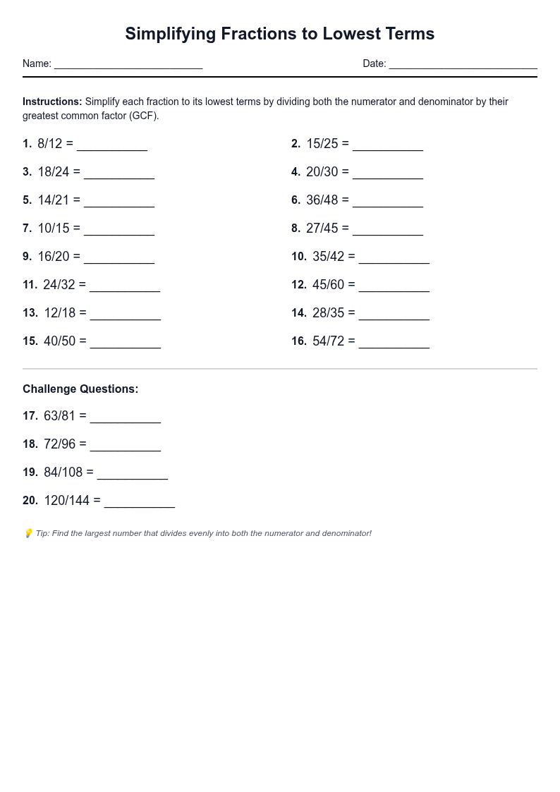 Simplifying Fractions to Lowest Terms