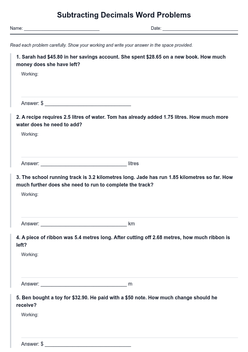 Subtracting Decimals Word Problems
