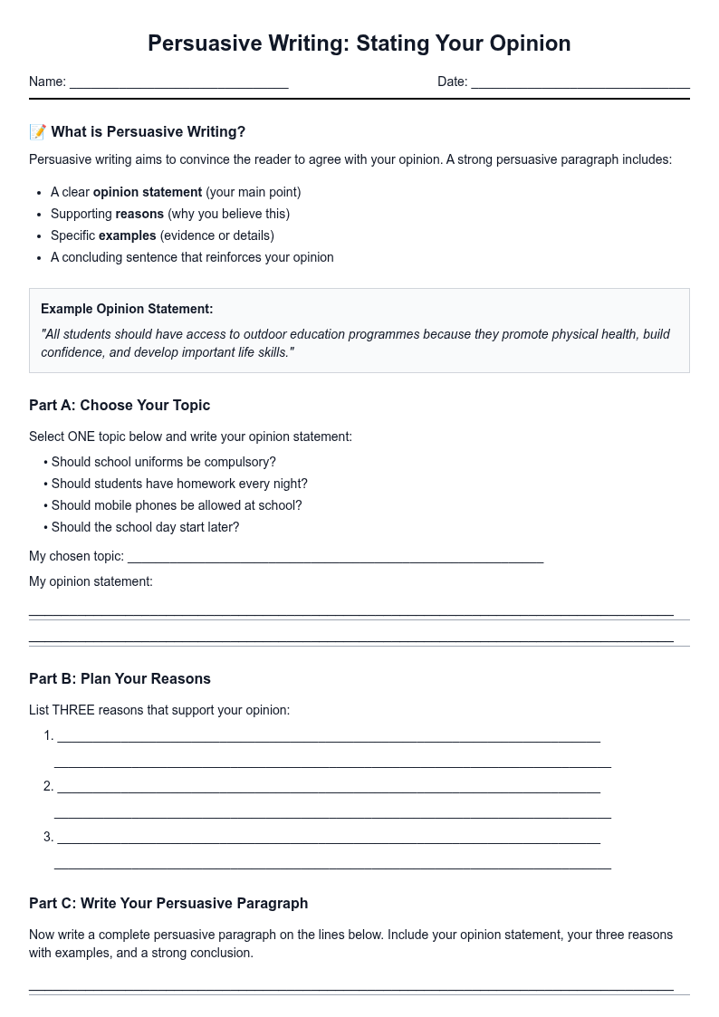 Persuasive Writing: Stating Your Opinion