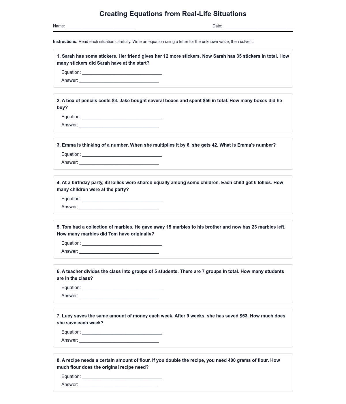 Creating Equations from Real-Life Situations