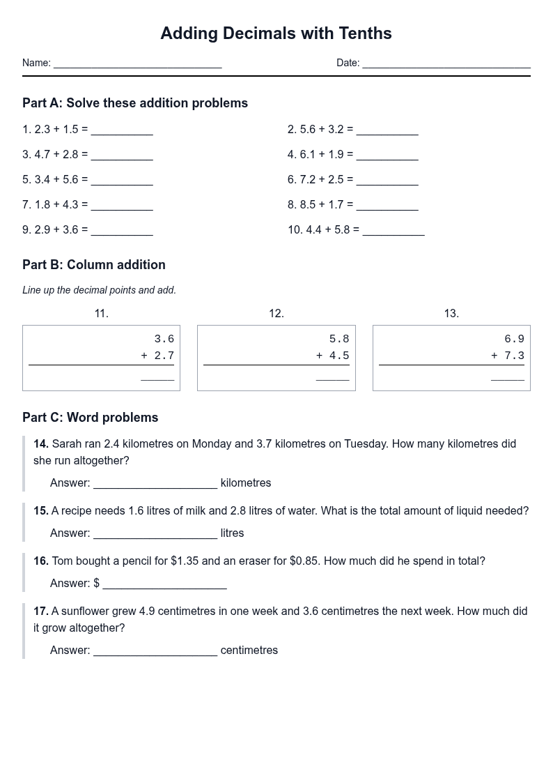 Adding Decimals with Tenths
