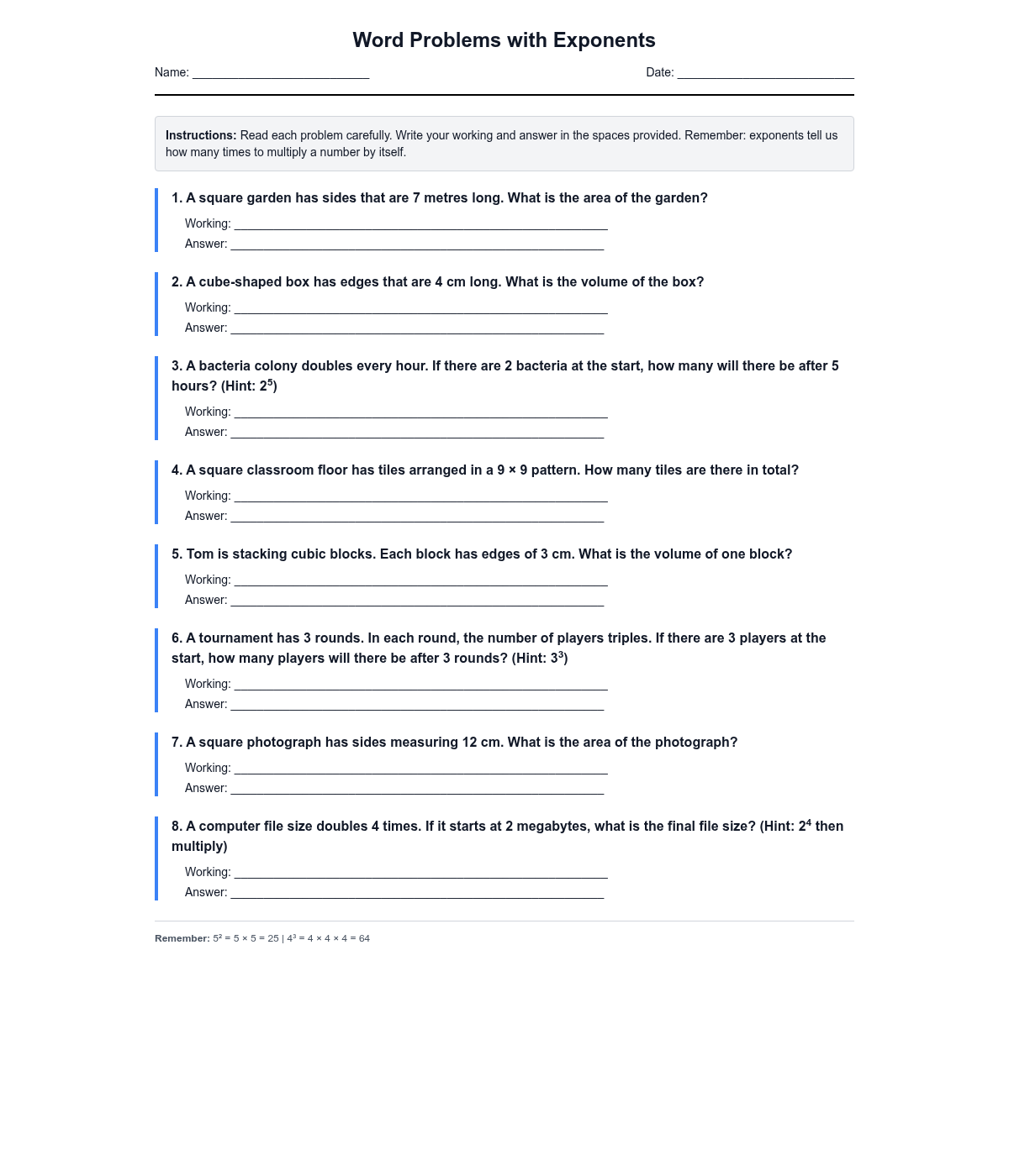 Word Problems with Exponents