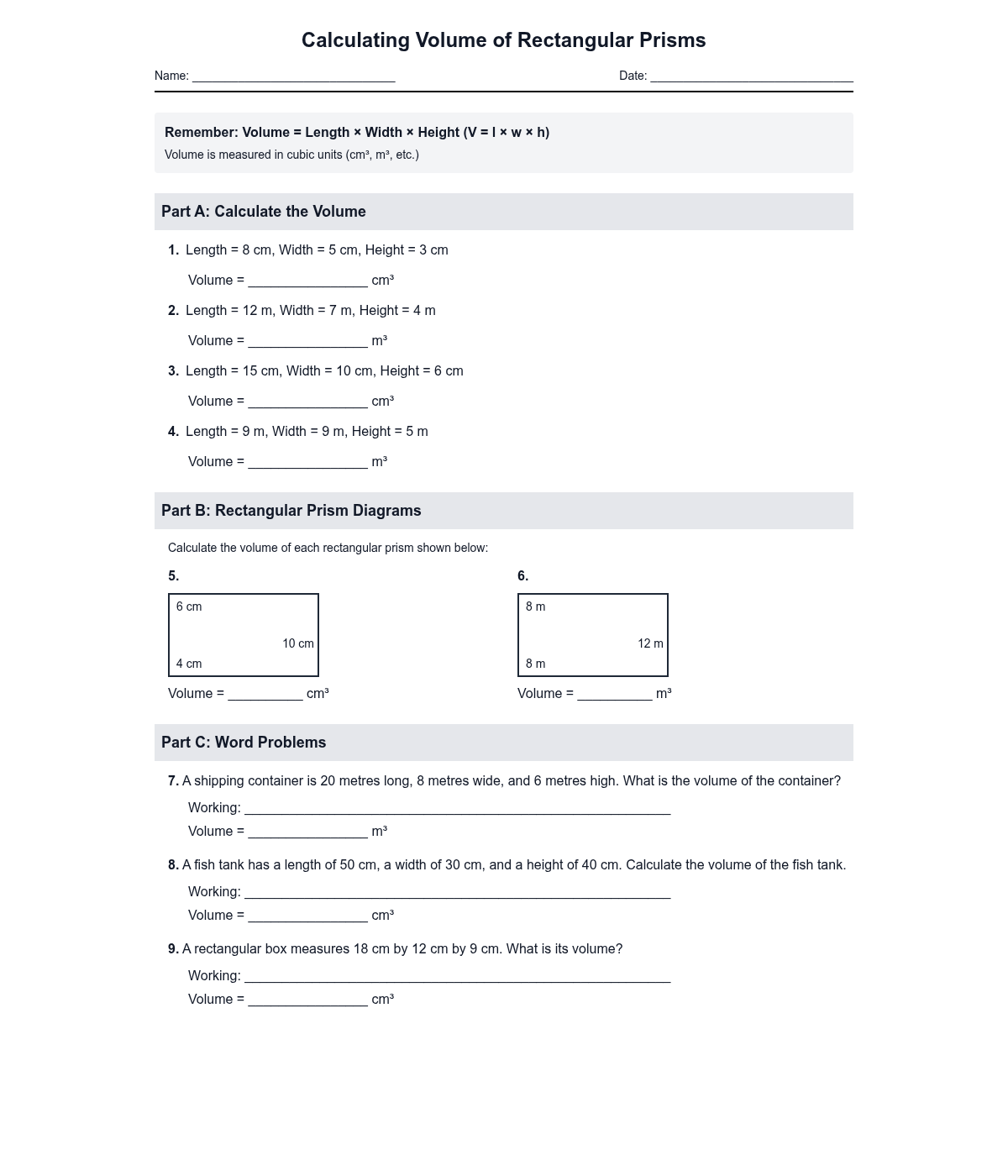 Calculating Volume of Rectangular Prisms