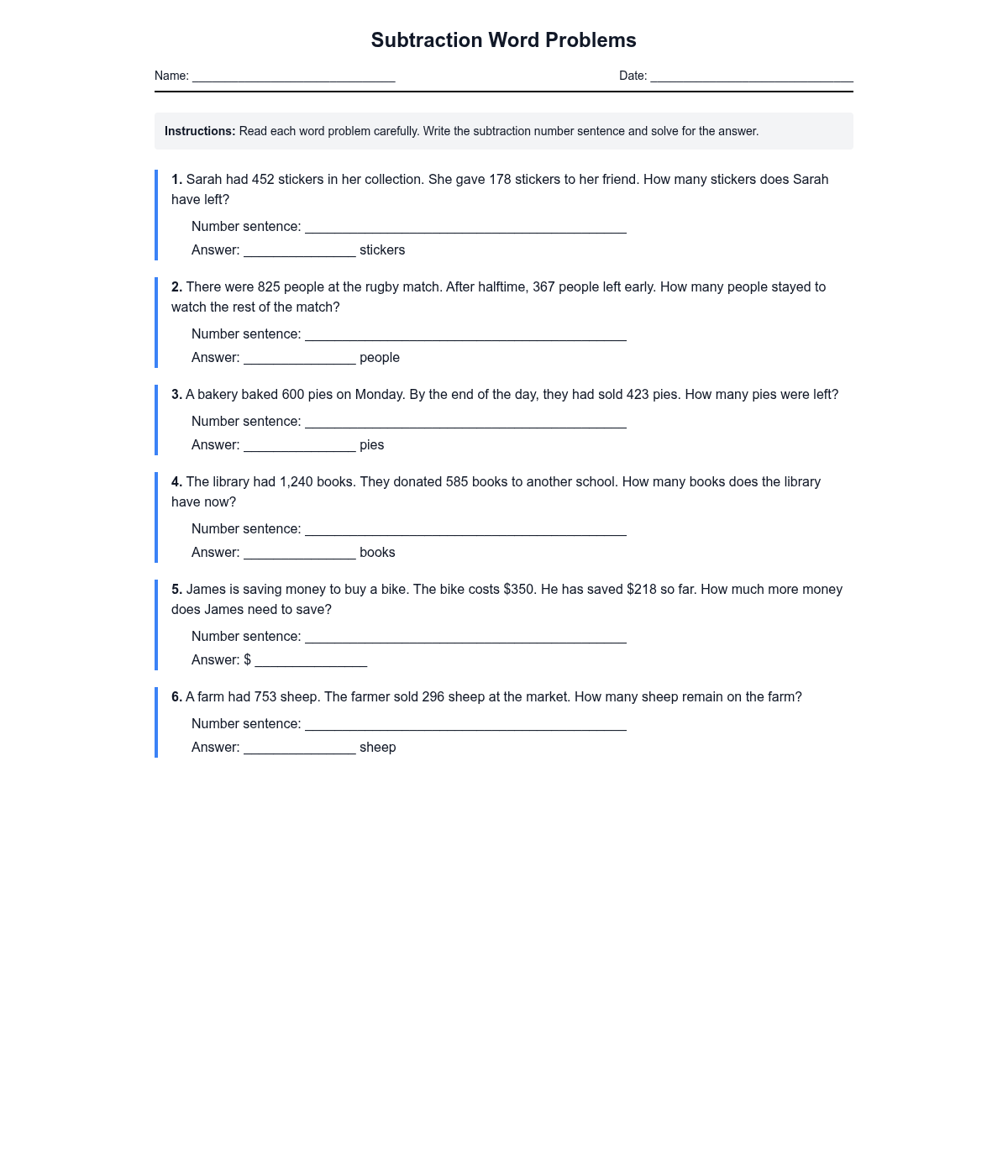 Subtraction Word Problems