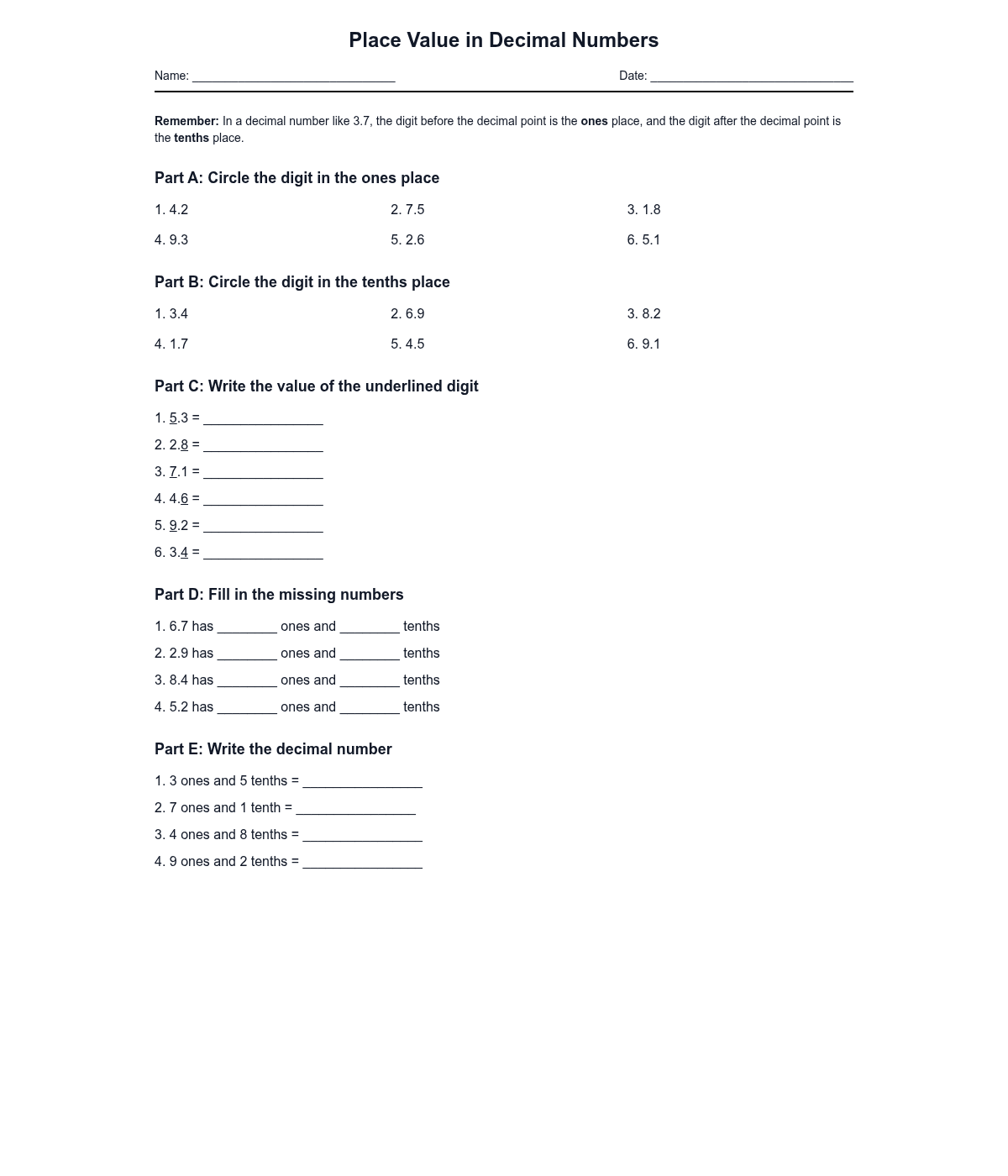 Place Value in Decimal Numbers