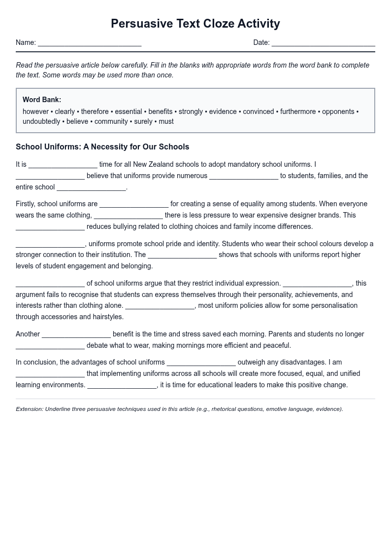 Persuasive Text Cloze Activity