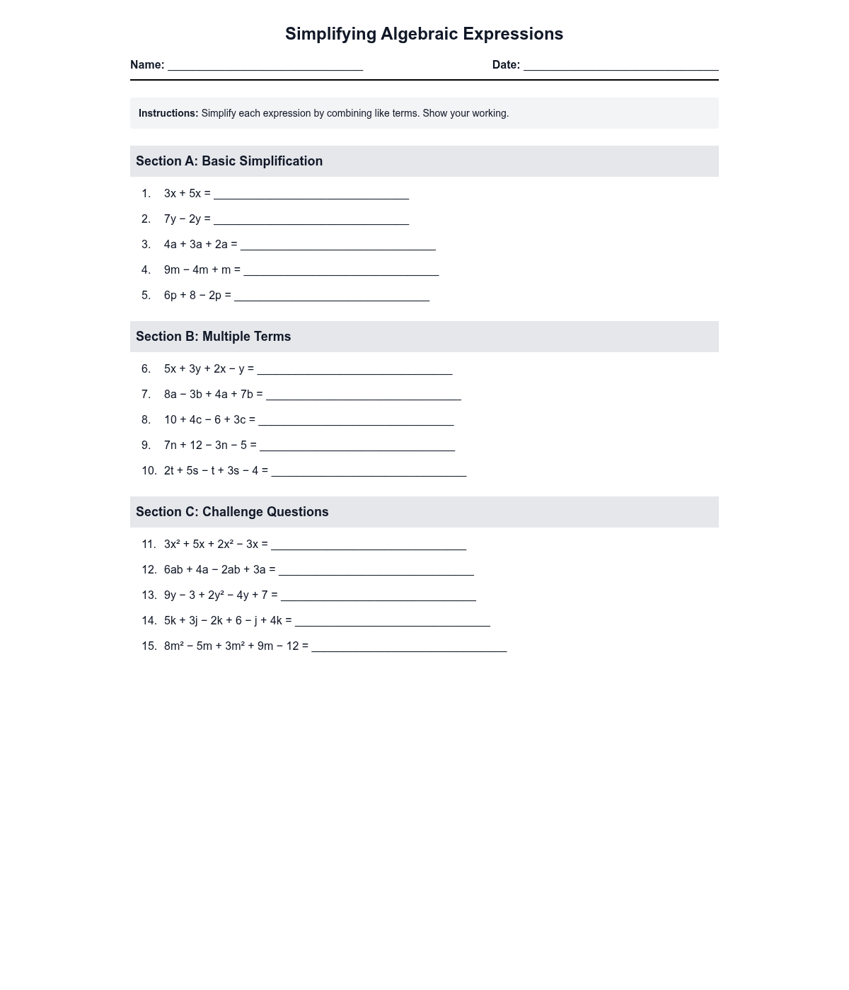 Simplifying Algebraic Expressions