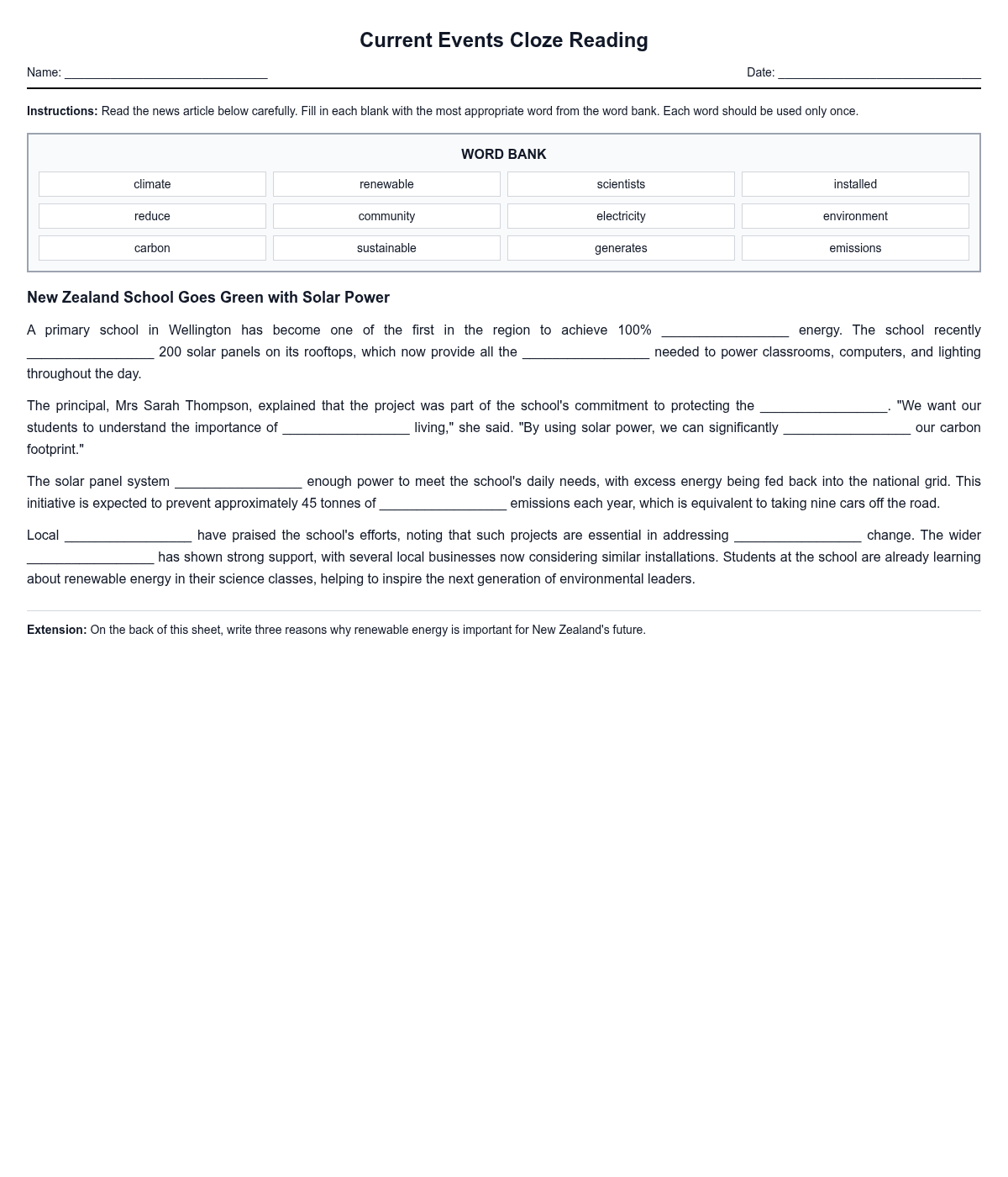 Current Events Cloze Reading