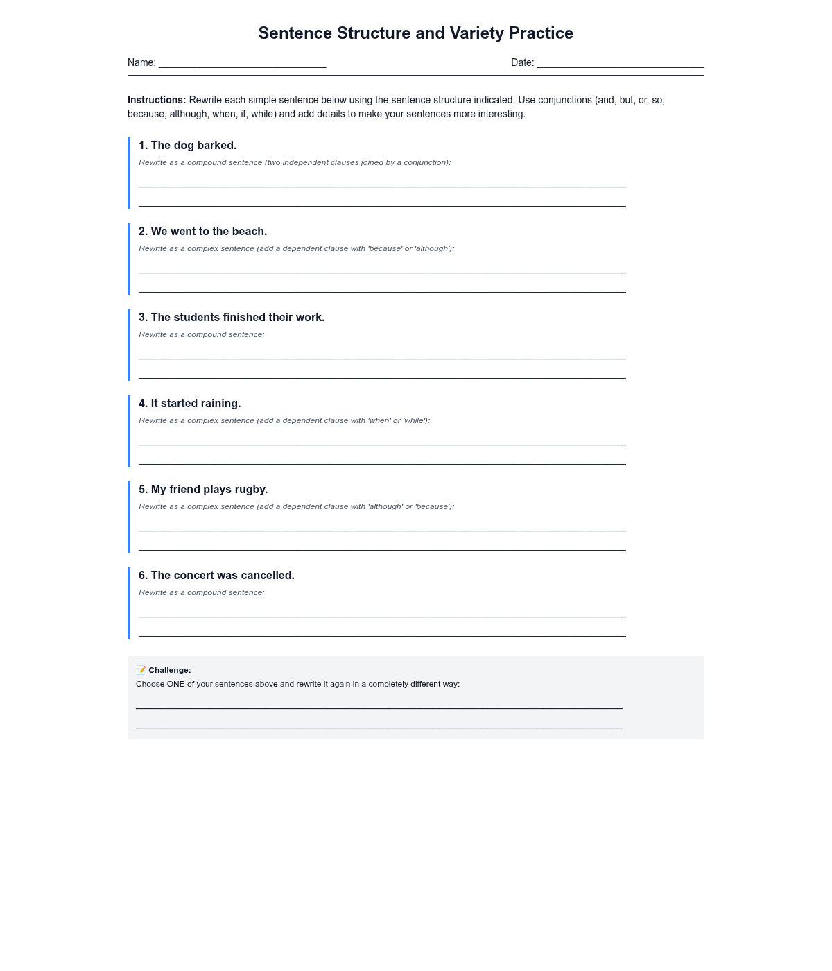 Sentence Structure and Variety Practice