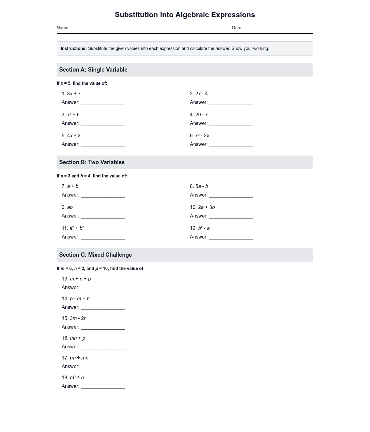 Substitution into Algebraic Expressions