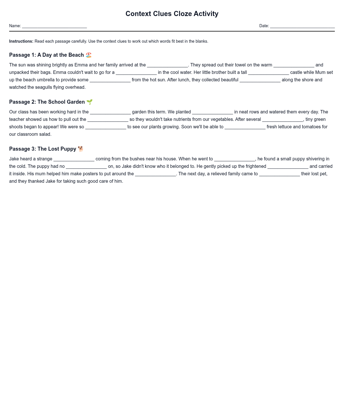 Context Clues Cloze Activity