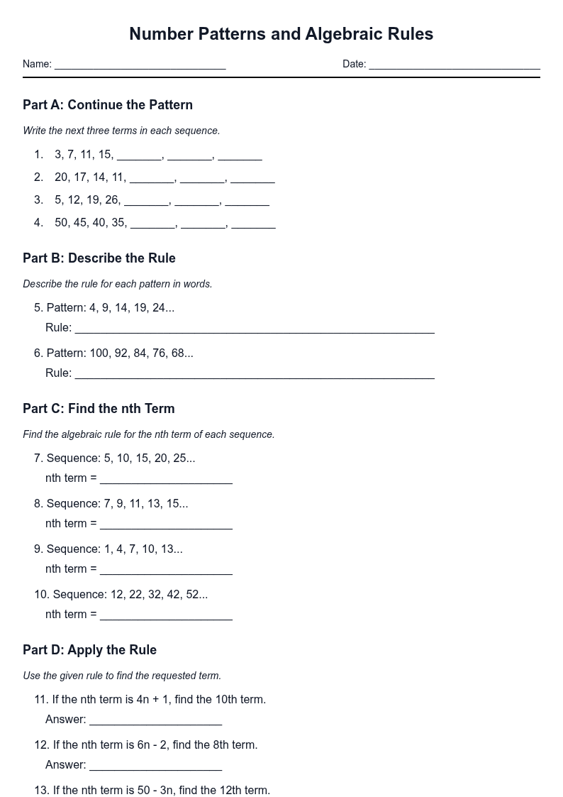 Number Patterns and Algebraic Rules