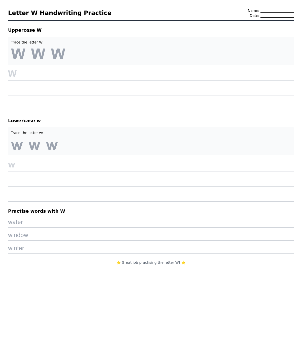 Letter W Handwriting Practice