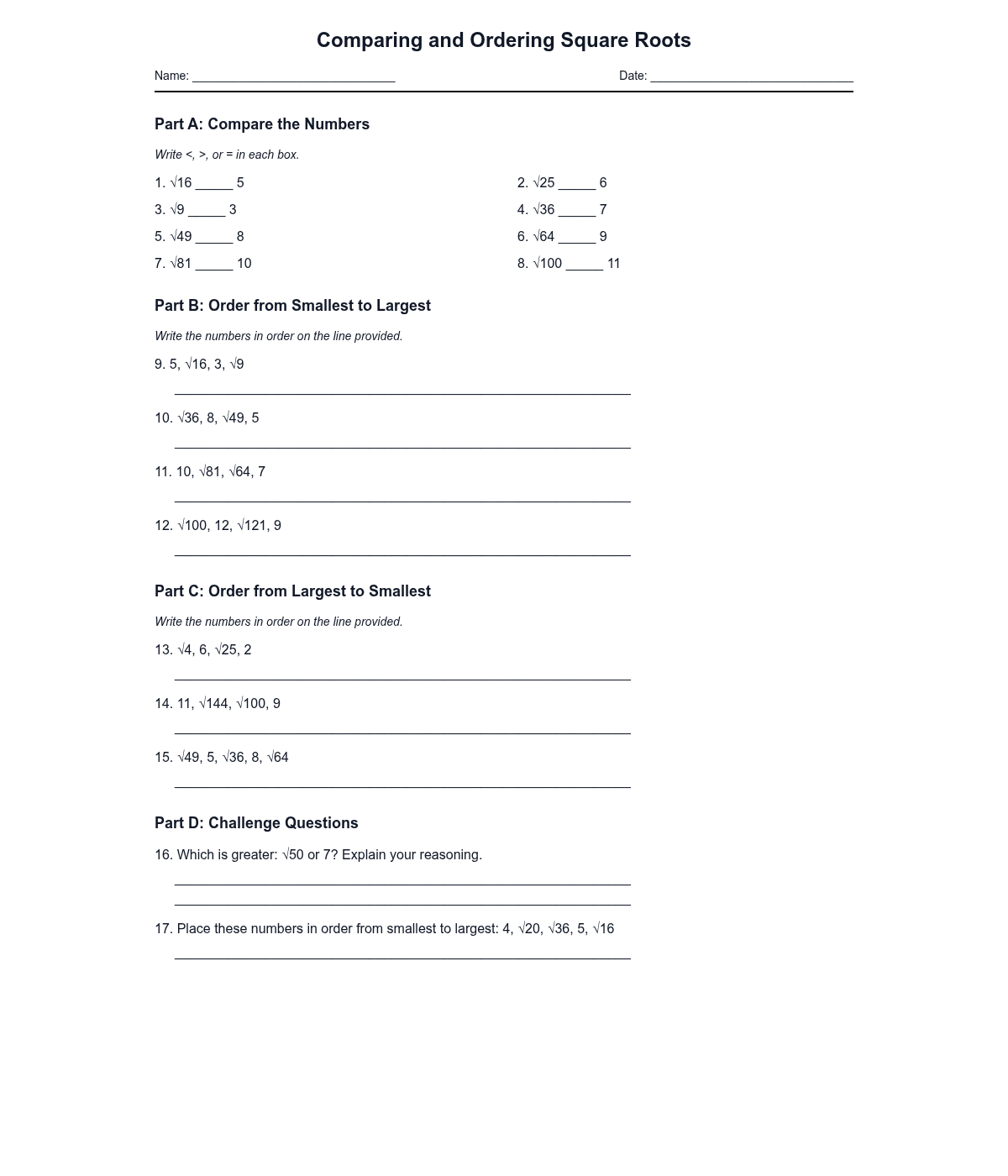 Comparing and Ordering Square Roots
