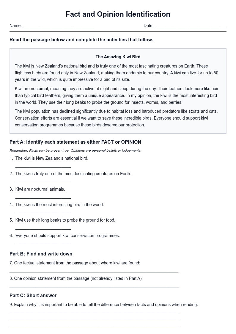 Fact and Opinion Identification Worksheet
