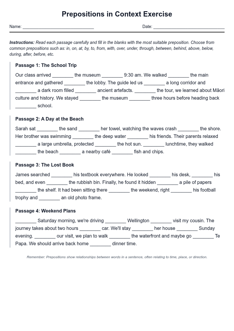 Prepositions in Context Exercise