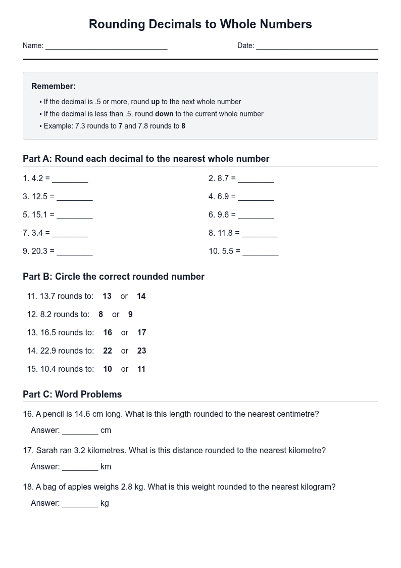Rounding Decimals to Whole Numbers