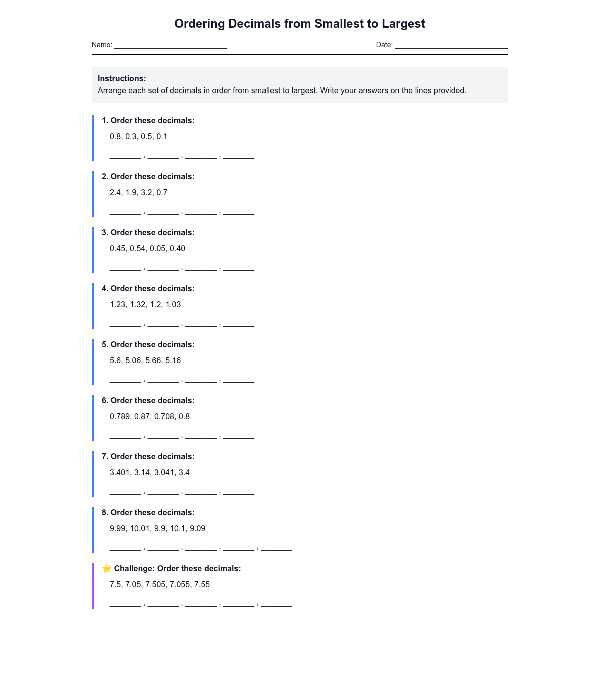Ordering Decimals from Smallest to Largest
