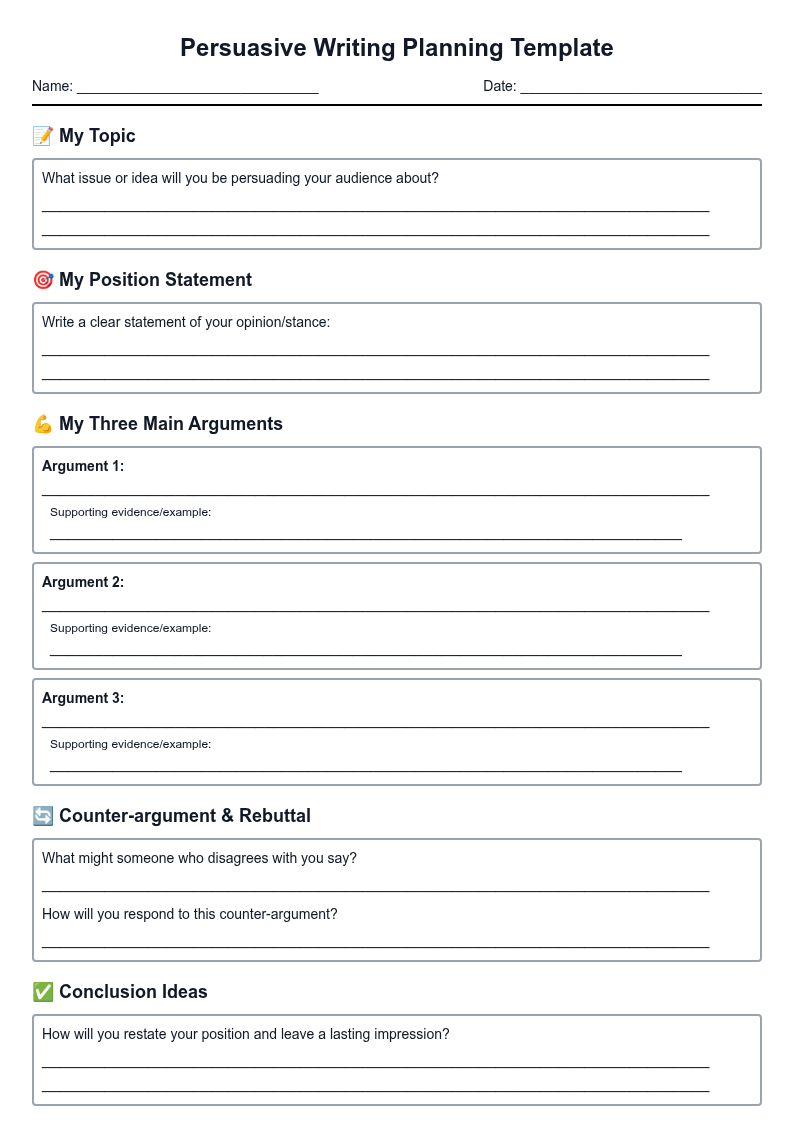 Persuasive Writing Planning Template