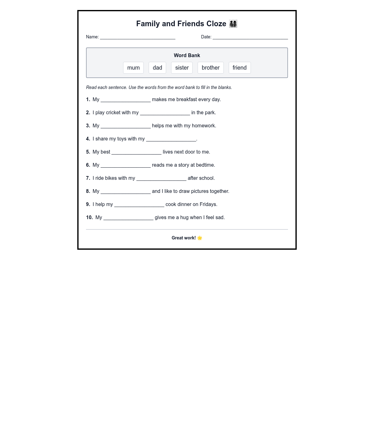 Family and Friends Cloze