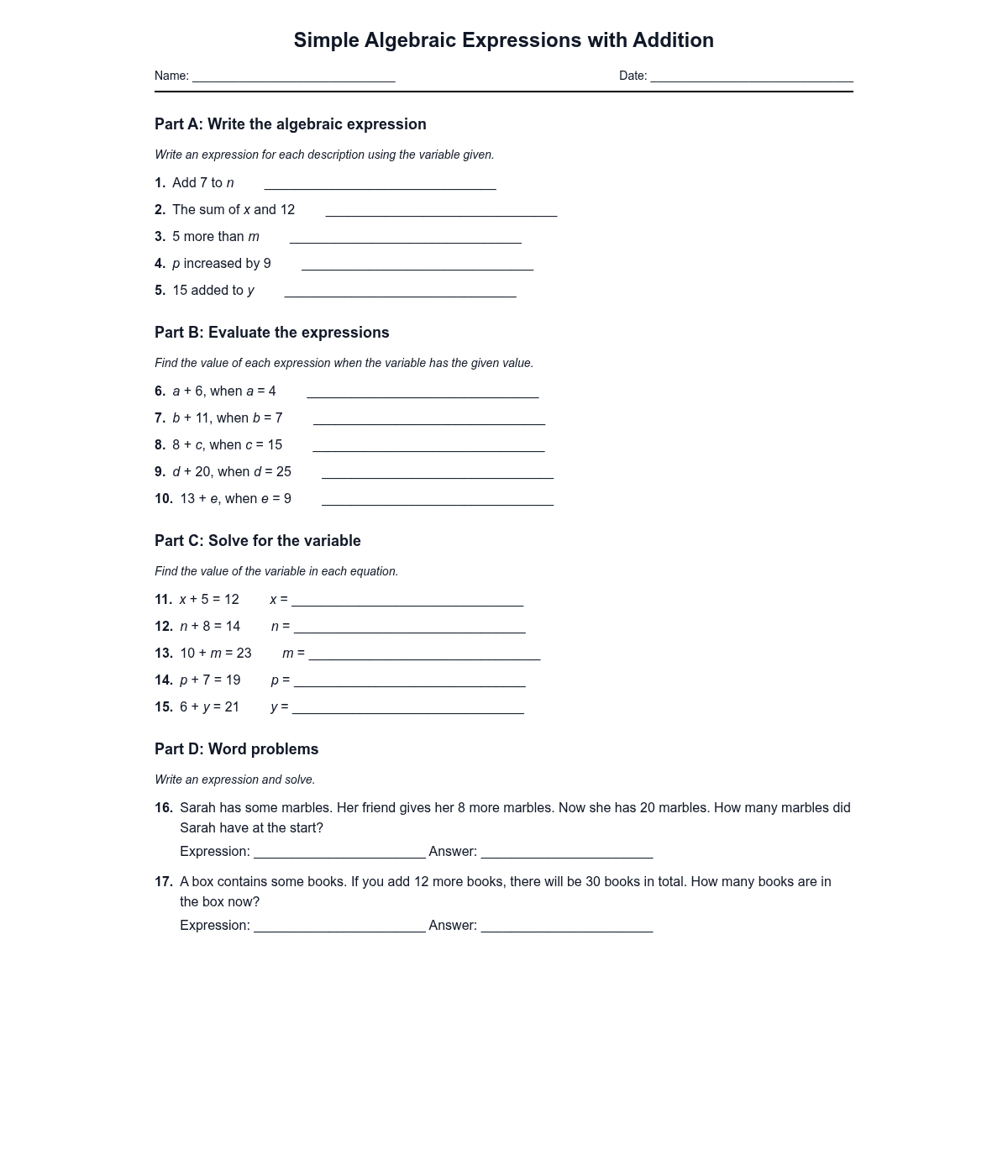 Simple Algebraic Expressions with Addition