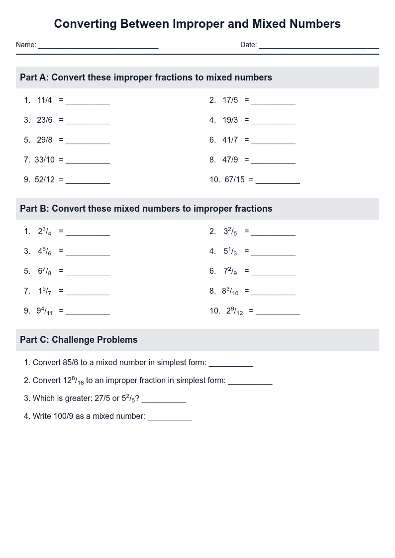 Converting Between Improper and Mixed Numbers