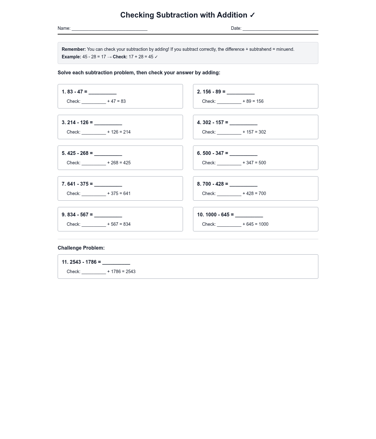Checking Subtraction with Addition