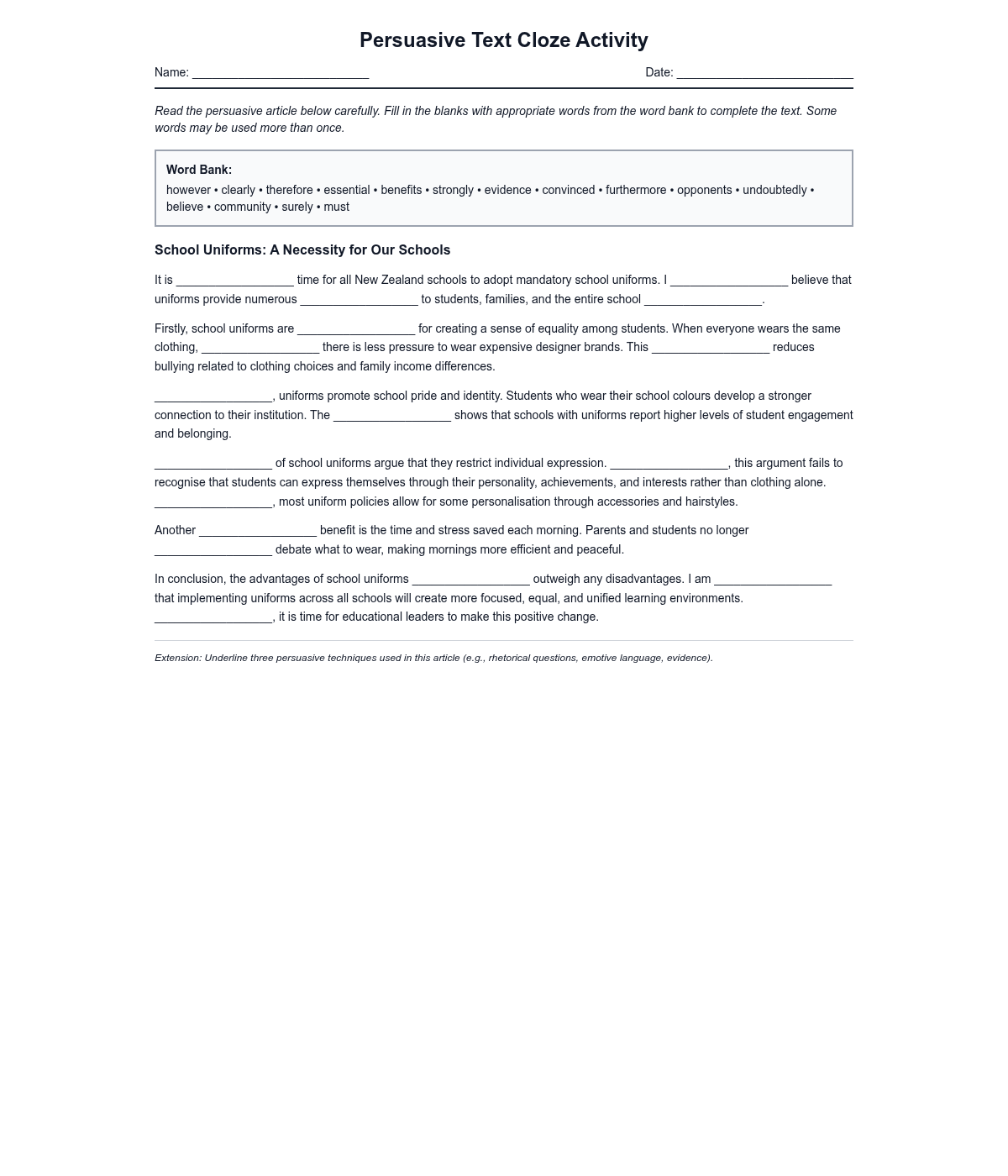 Persuasive Text Cloze Activity