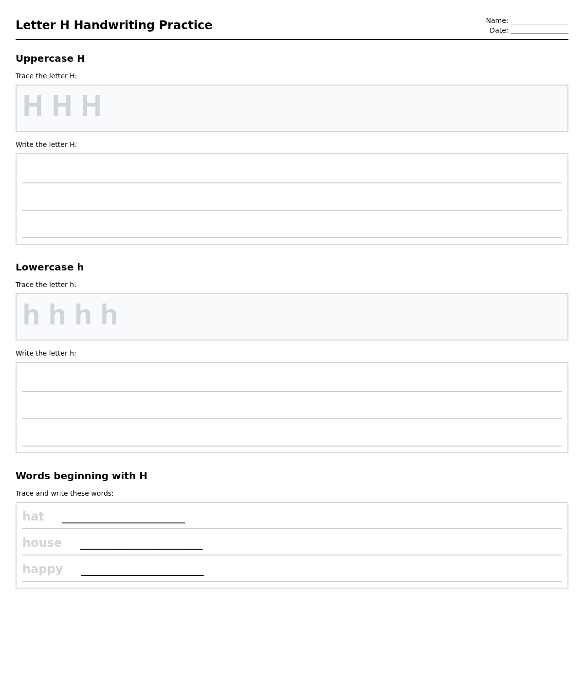 Letter H Handwriting Practice