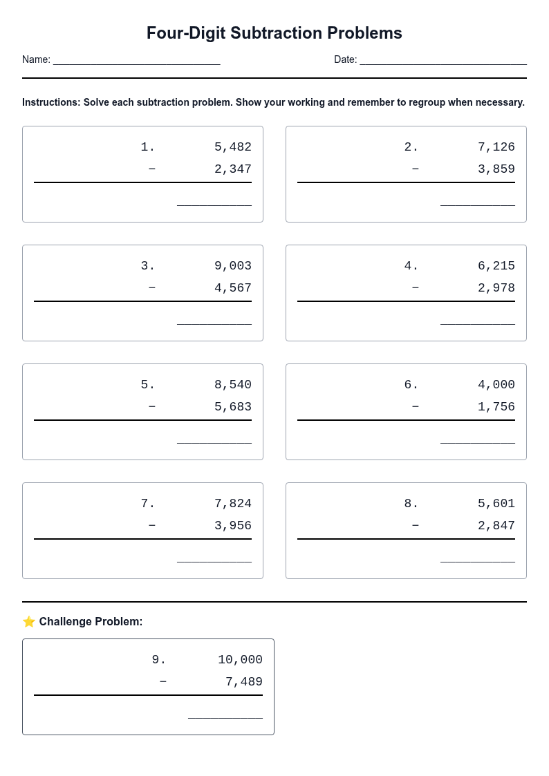 Four-Digit Subtraction Problems