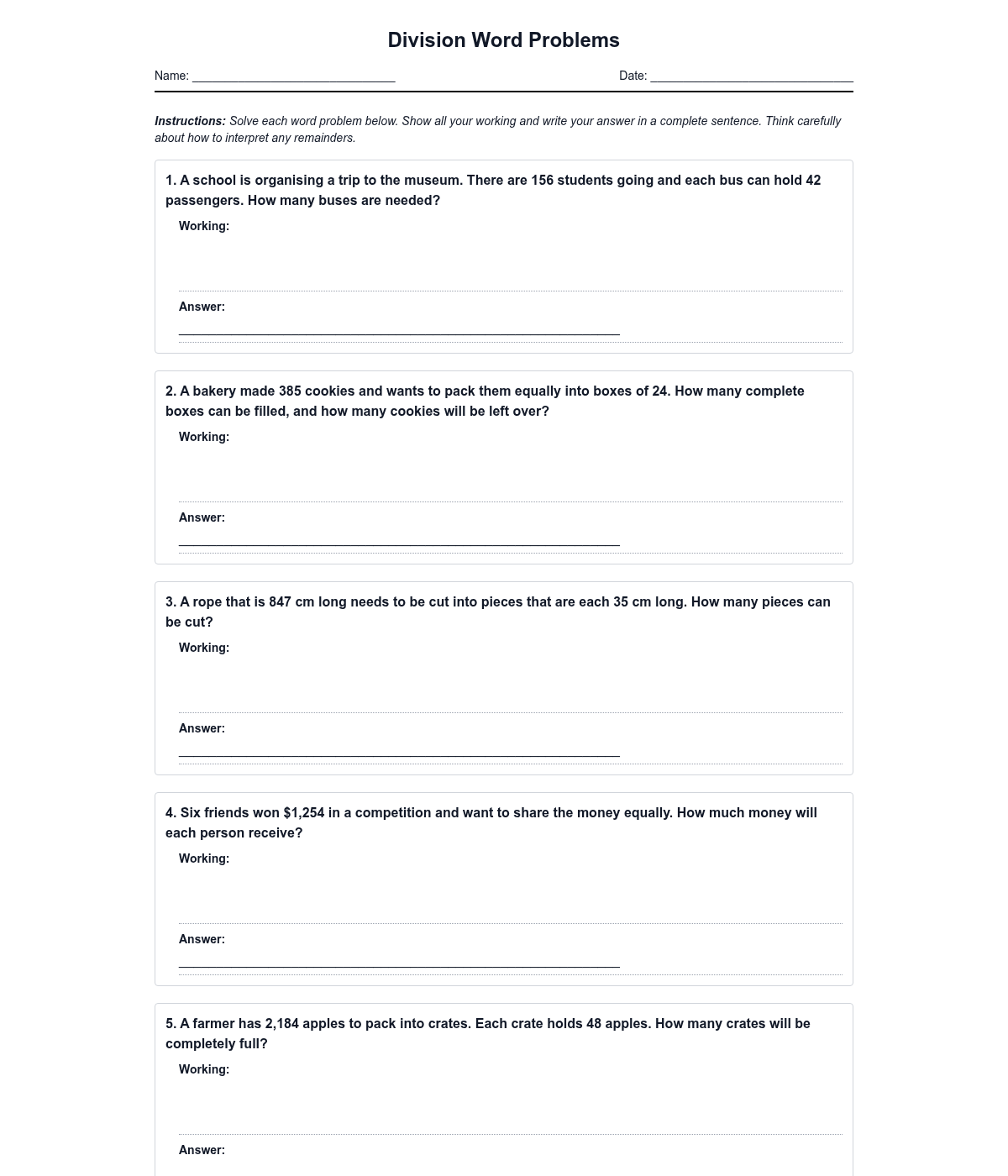 Division Word Problems - Real-World Applications